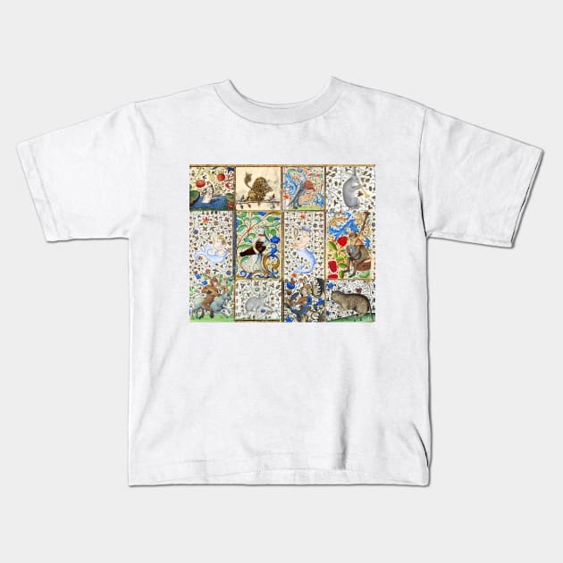 MEDIEVAL BESTIARY PLAYING MUSICAL INSTRUMENTS, MERMAIDS  AMONG FLOWERS AND FRUITS Kids T-Shirt by BulganLumini